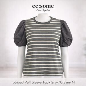 Eesome Los Angeles Striped Puff Sleeve Top Gray Cream Cotton Blend Blouse Size M